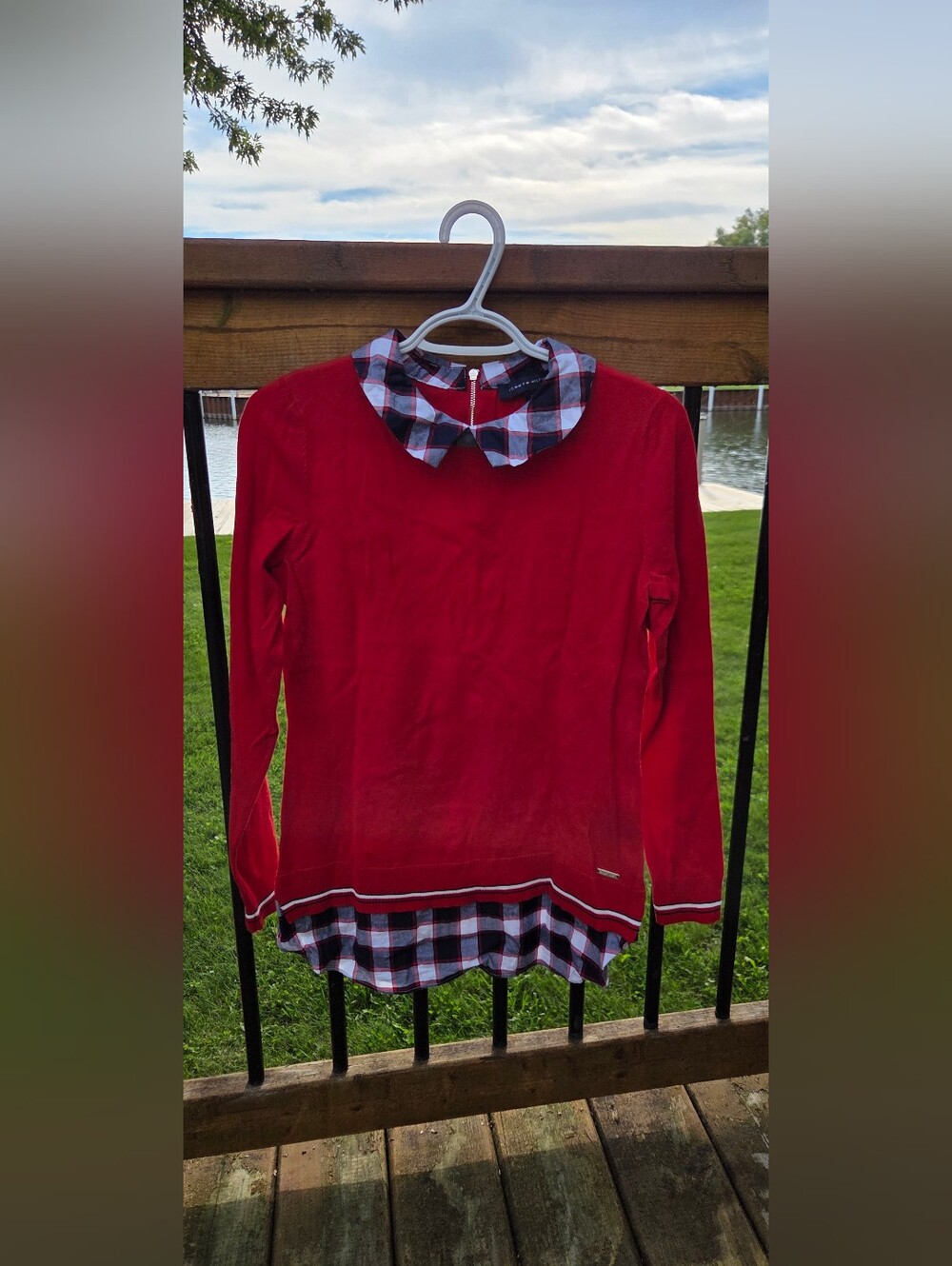 Tommy Hilfiger Red Sweater with Blue Plaid Collar and Hem, EUC, SZ S/P